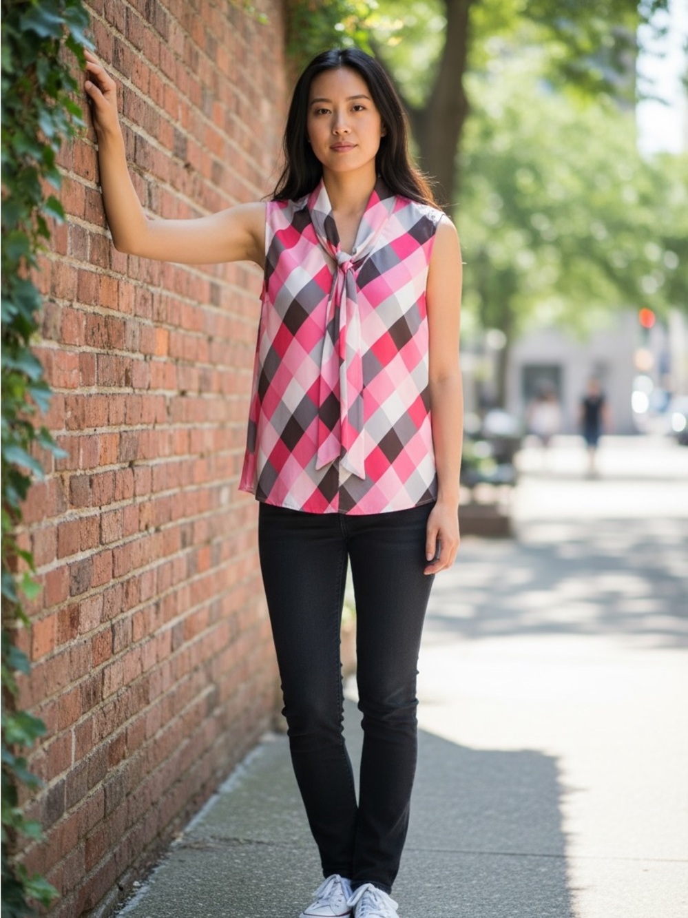 Nine West Pink Plaid Tie-Neck Sleeveless Top